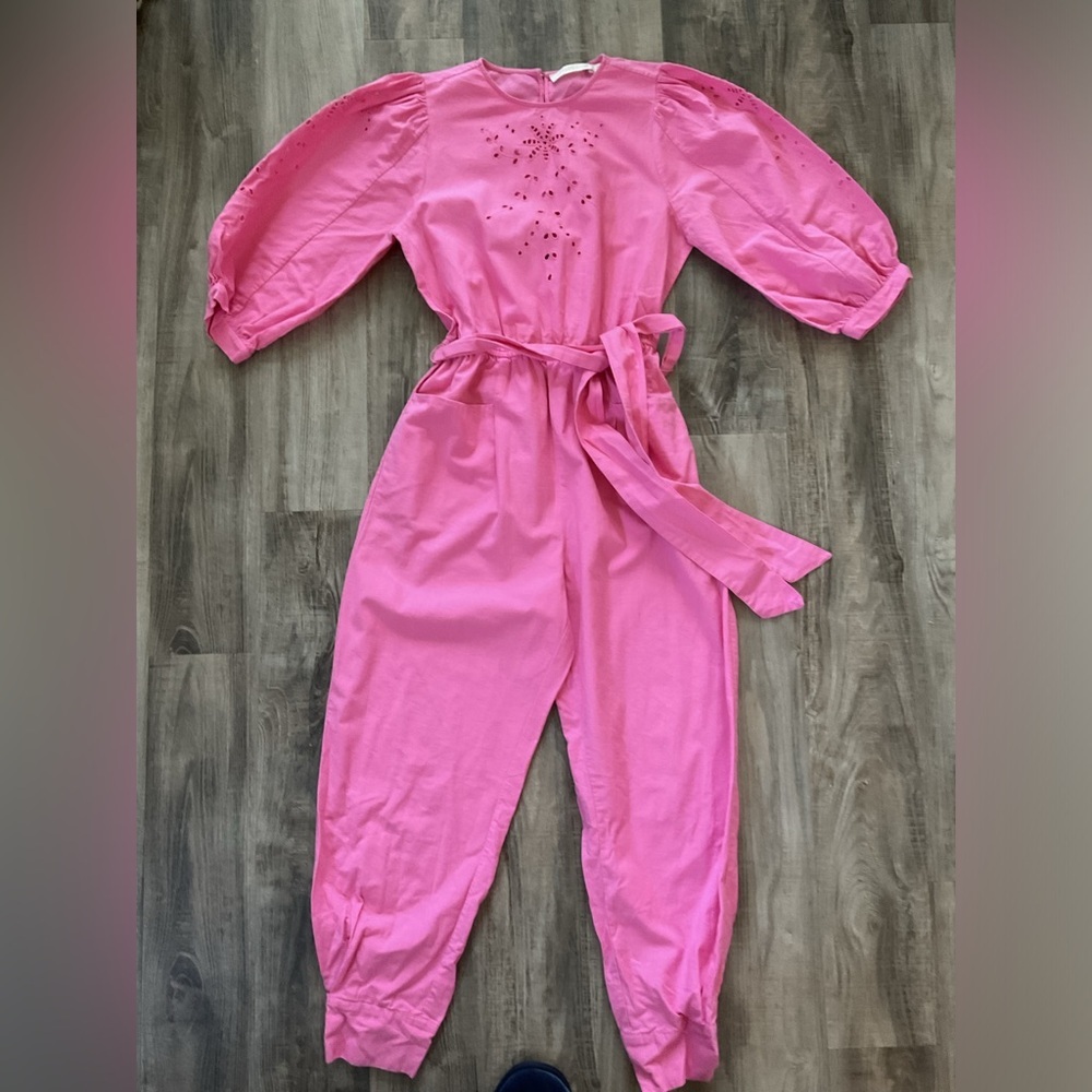 Happy X Nature Pink Jumpsuit Romper US XL 12 Linen Embroidered Cut Out - Picture 2 of 7